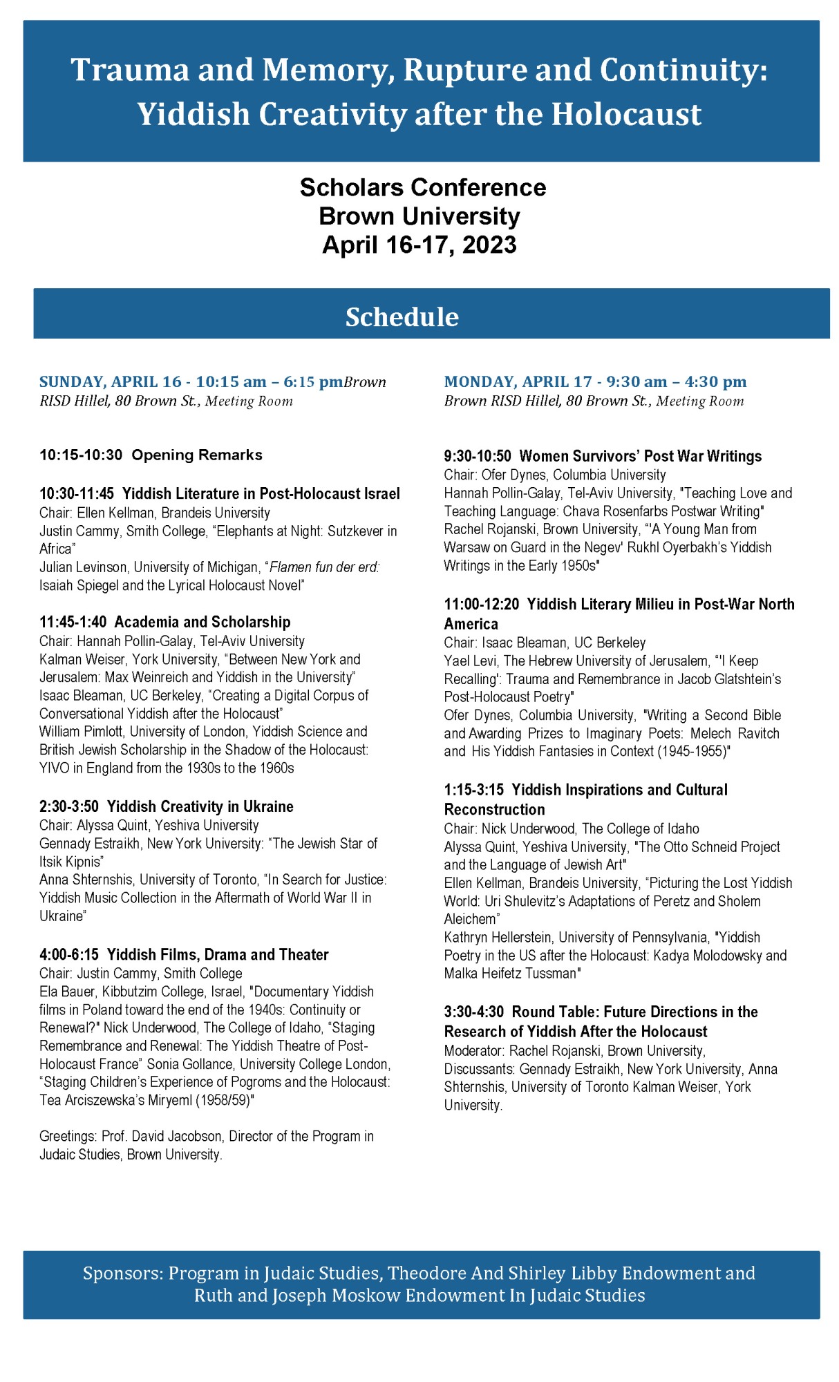 Yiddish conference schedule for April 16th and 17th 